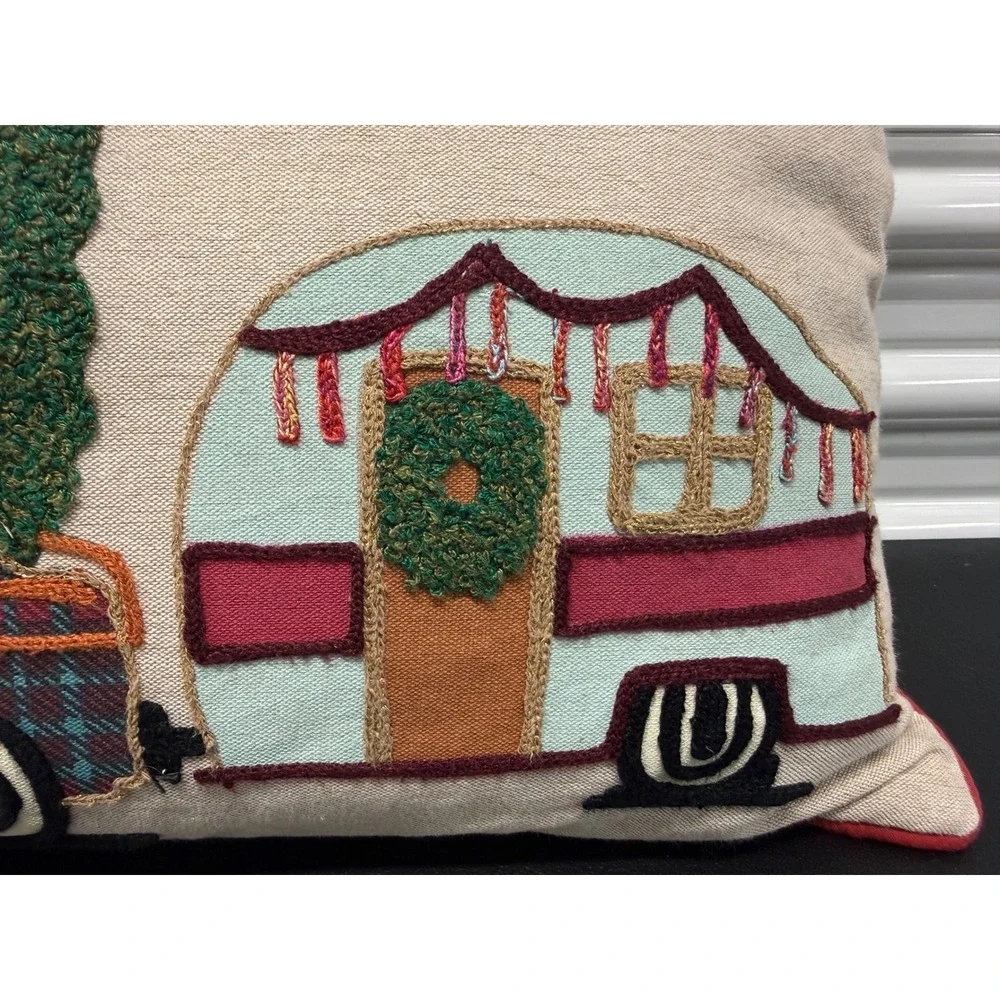 Merry Christmas Camper Truck Embroidered Throw Pillow Down Feather Fill Red